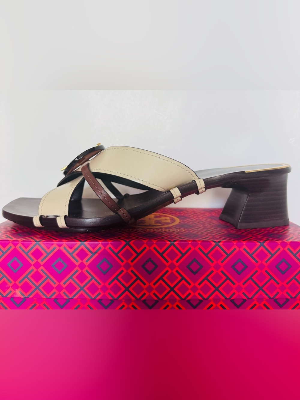 NWOT Tory Burch Artisanal Knotted Heeled Mules Cream Brown Tortoiseshell Size11 - Picture 4 of 5